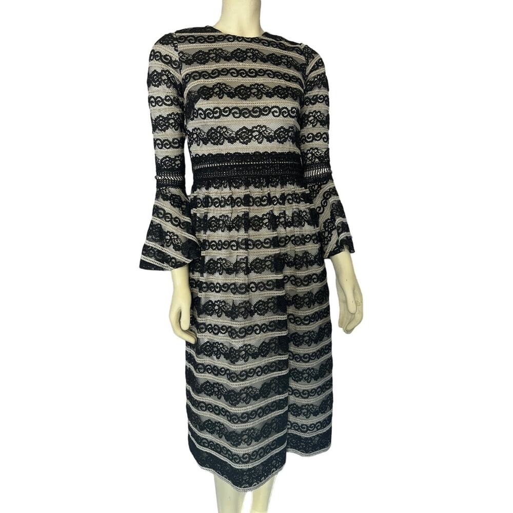 C & M Collection black & cream lace & netting dress with bell sleeves size 34